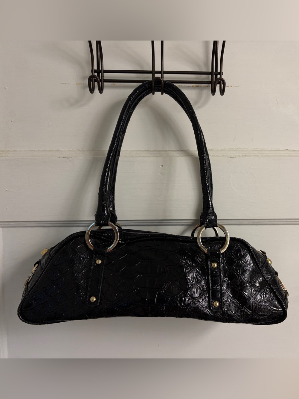 Guess Black Croc-Embossed Shoulder Bag with Ring Accents